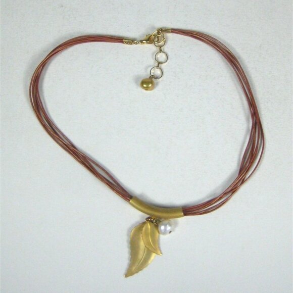 Goldtone Leaf Pendant Bib Necklace Imitation Pearl Cord 18 inch Multi Strand - Picture 1 of 5